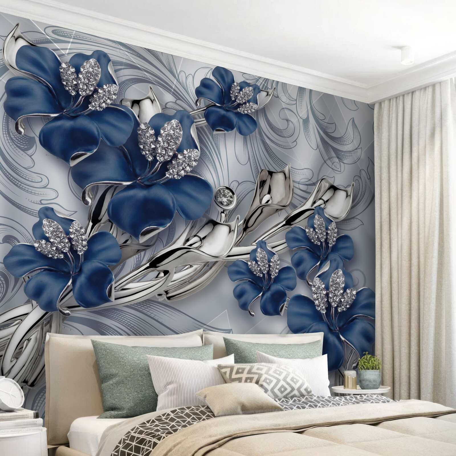 Fototapet flori albastre cu ramuri aurii și elemente de piatră