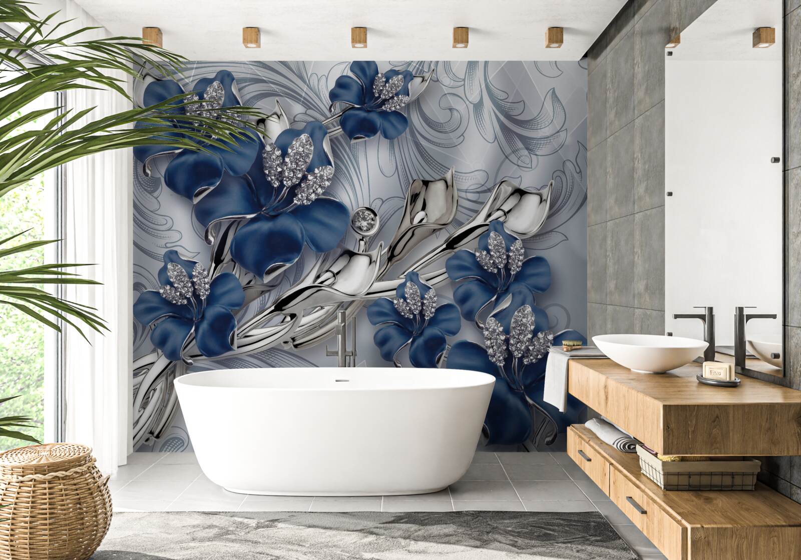 Fototapet flori albastre cu ramuri aurii și elemente de piatră