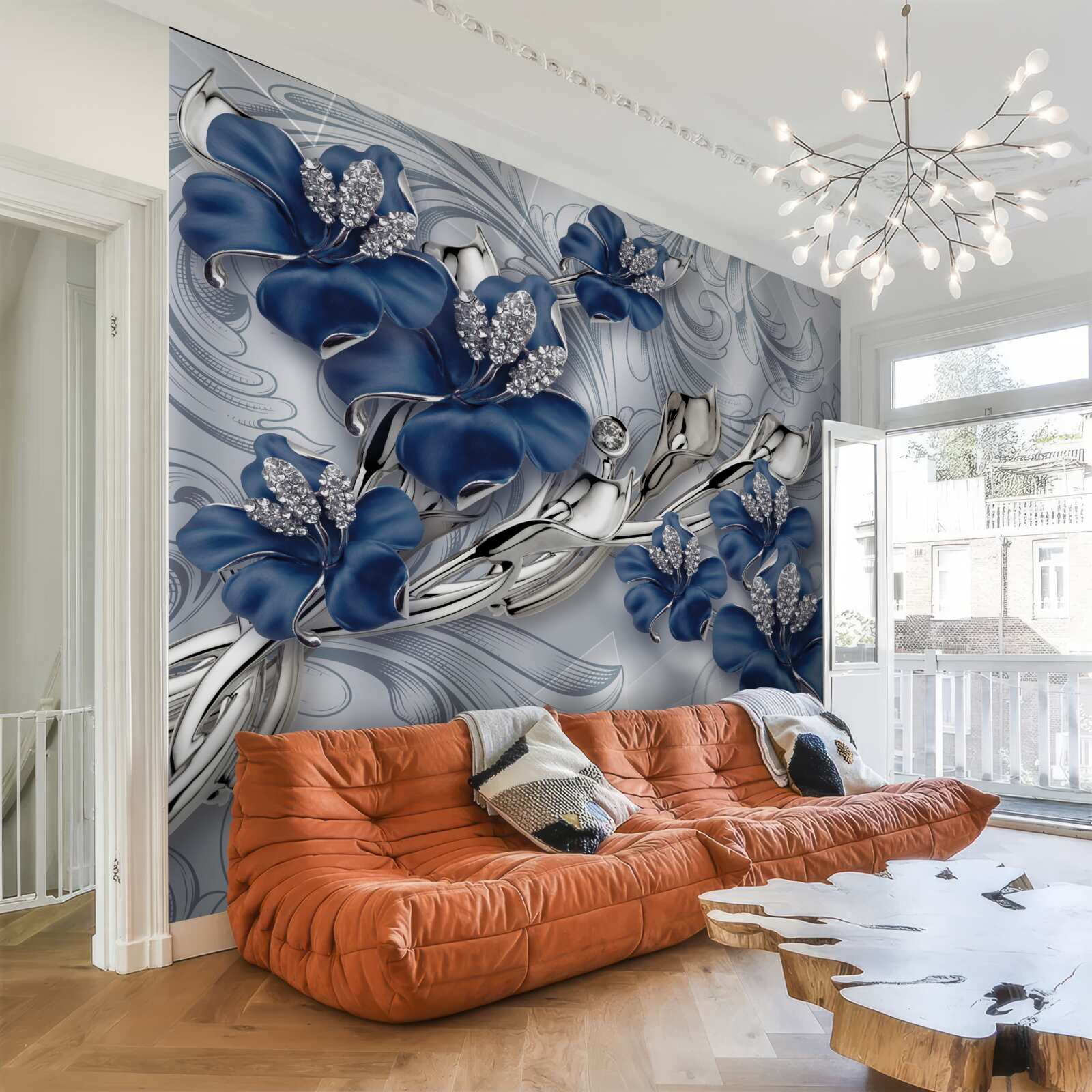 Fototapet flori albastre cu ramuri aurii și elemente de piatră