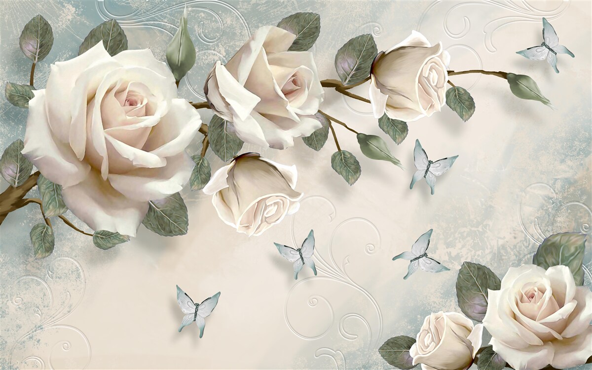 Fototapet trandafiri cremoși înfloresc sub fluturii care alunecă