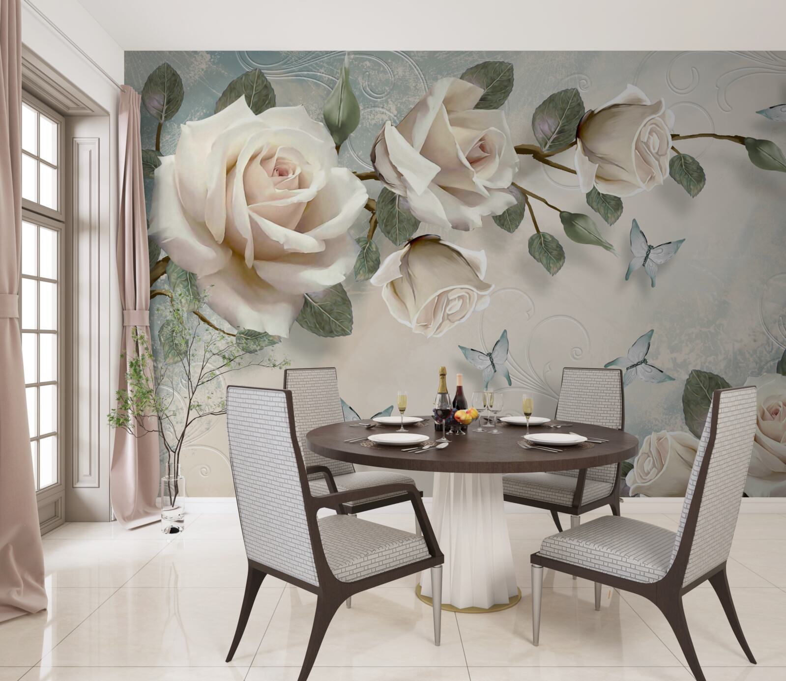 Fototapet trandafiri cremoși înfloresc sub fluturii care alunecă