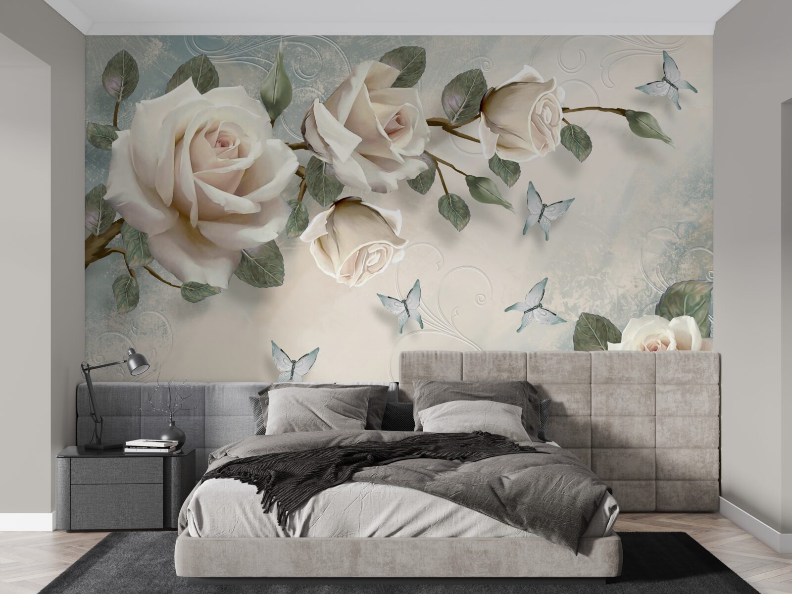 Fototapet trandafiri cremoși înfloresc sub fluturii care alunecă
