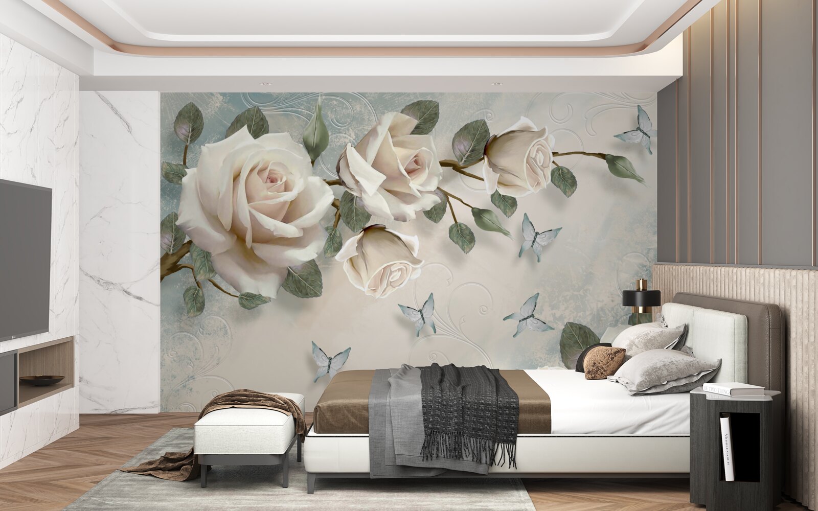 Fototapet trandafiri cremoși înfloresc sub fluturii care alunecă