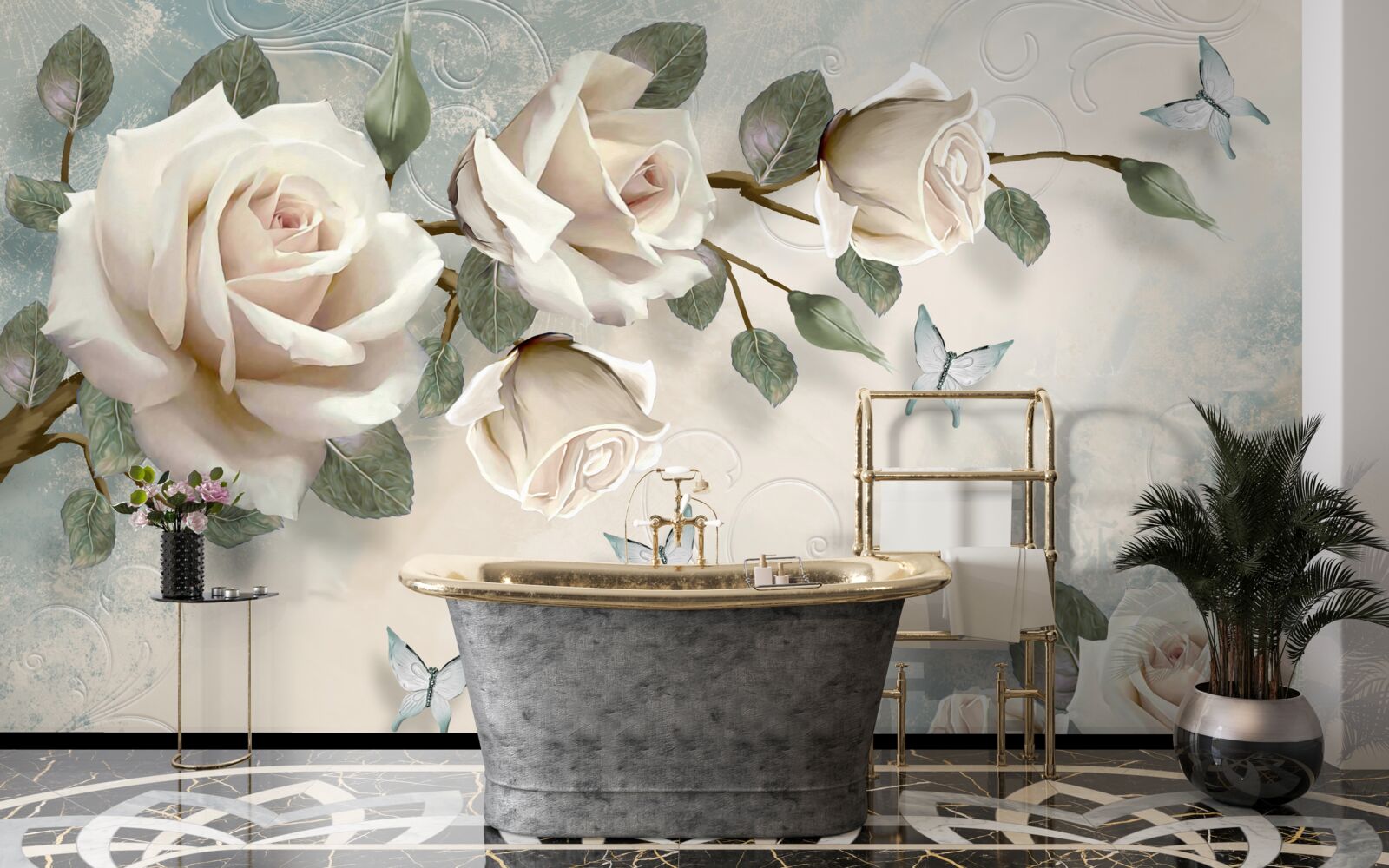 Fototapet trandafiri cremoși înfloresc sub fluturii care alunecă