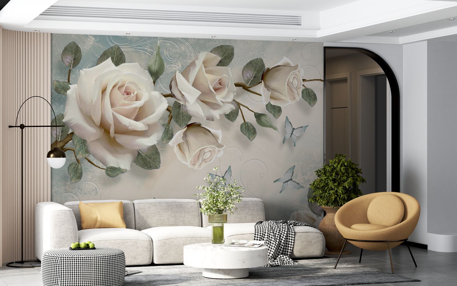 Fototapet trandafiri cremoși înfloresc sub fluturii care alunecă