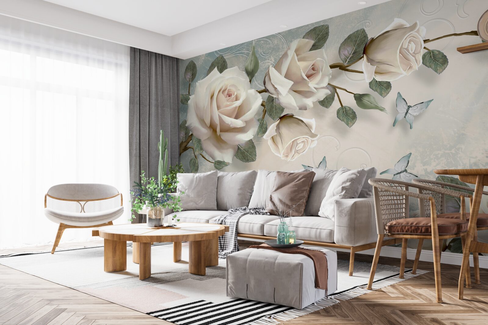 Fototapet trandafiri cremoși înfloresc sub fluturii care alunecă