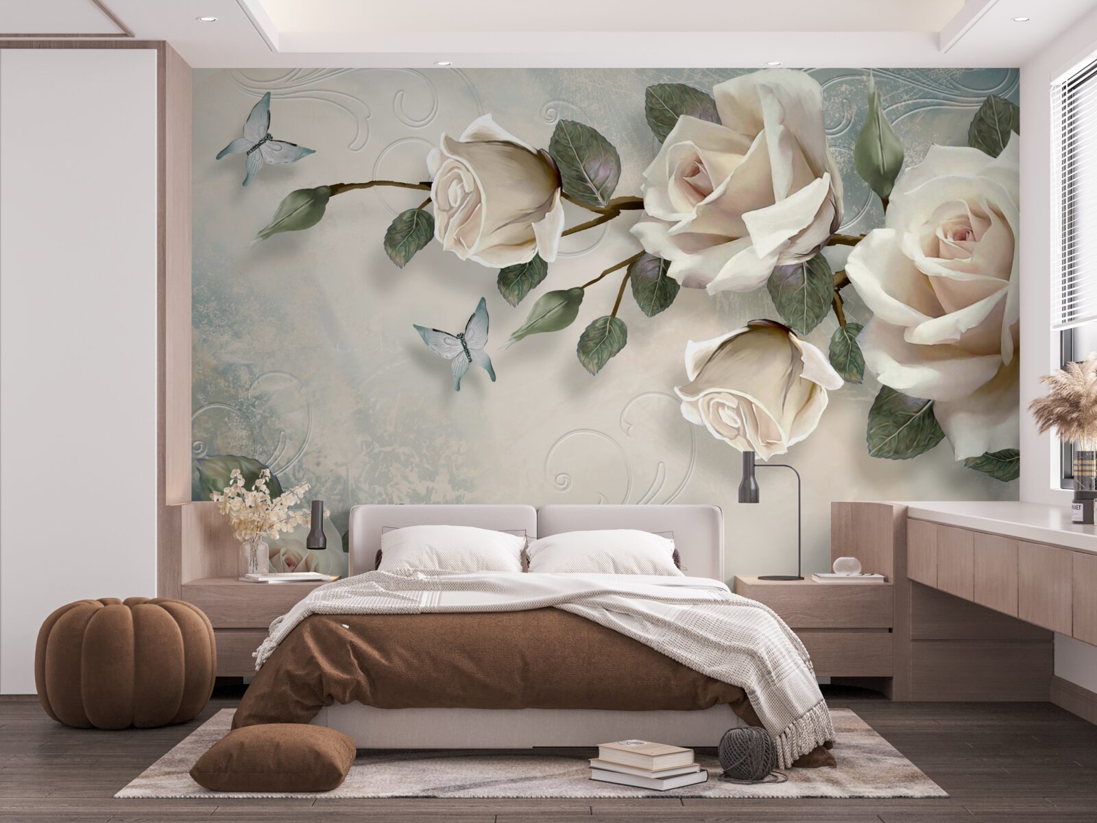 Fototapet fluturii și trandafirii înmuguresc