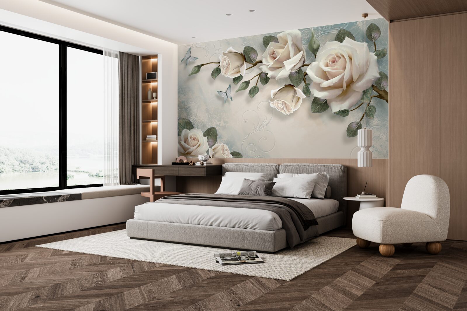 Fototapet fluturii și trandafirii înmuguresc