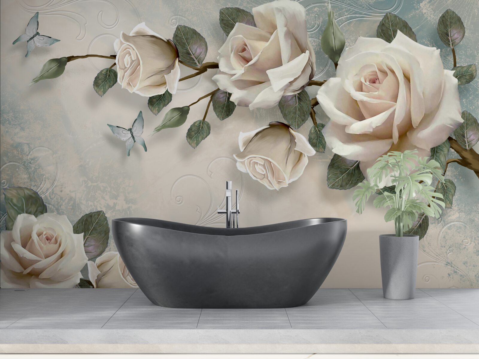 Fototapet fluturii și trandafirii înmuguresc