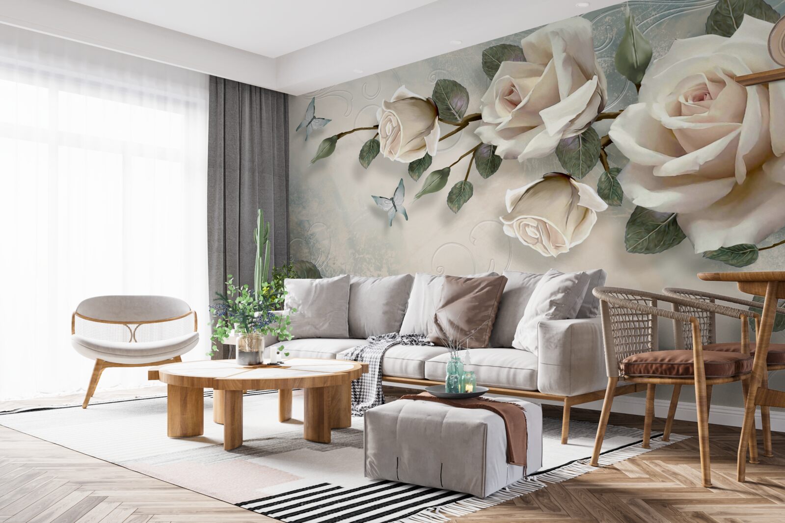 Fototapet fluturii și trandafirii înmuguresc