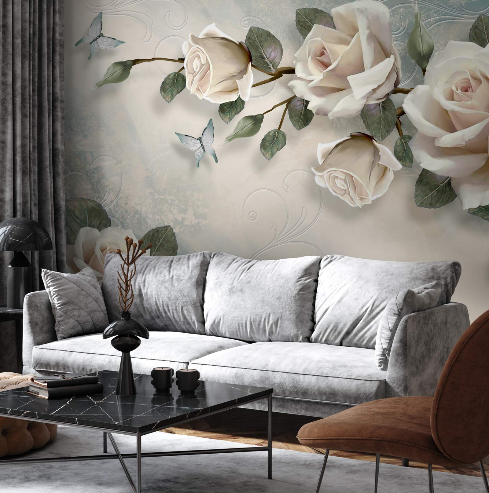 Fototapet fluturii și trandafirii înmuguresc