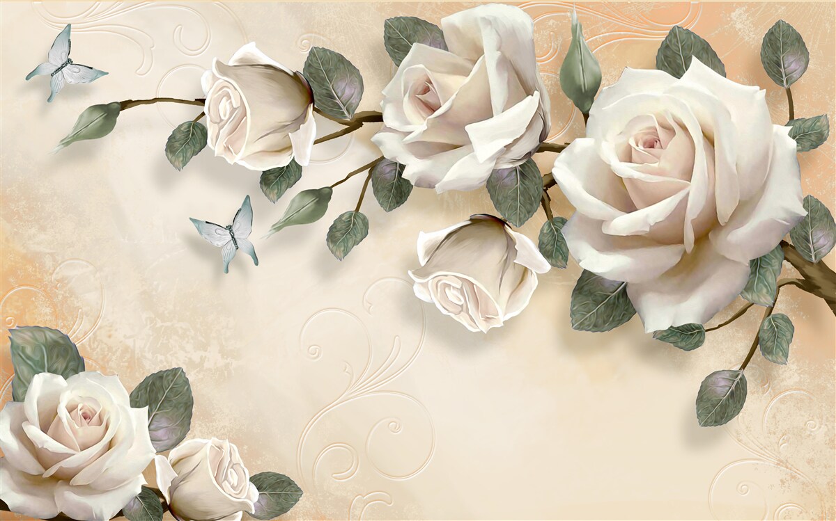 Fototapet fluturi și o ramură de trandafir alb dintr-un tufiș