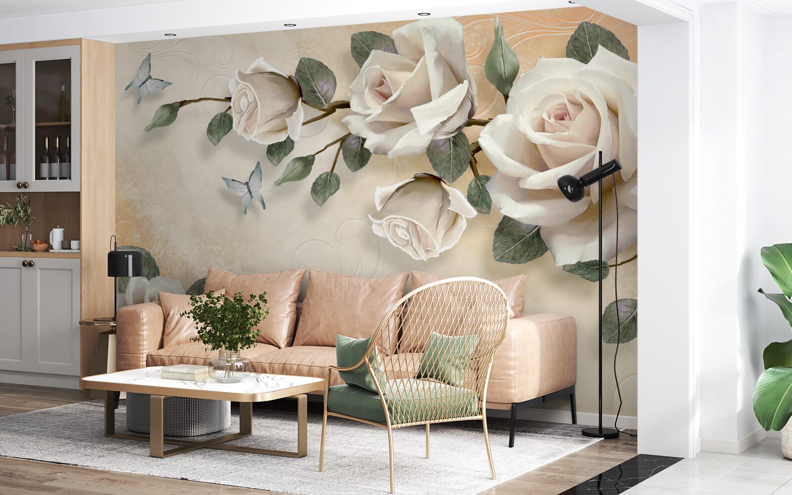 Fototapet fluturi și o ramură de trandafir alb dintr-un tufiș