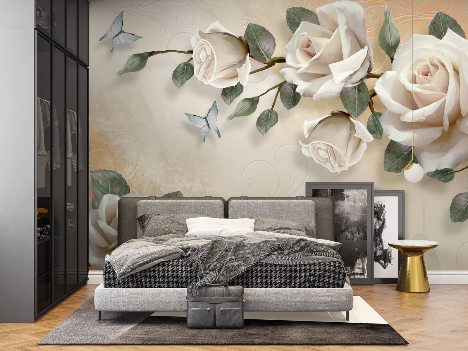 Fototapet fluturi și o ramură de trandafir alb dintr-un tufiș