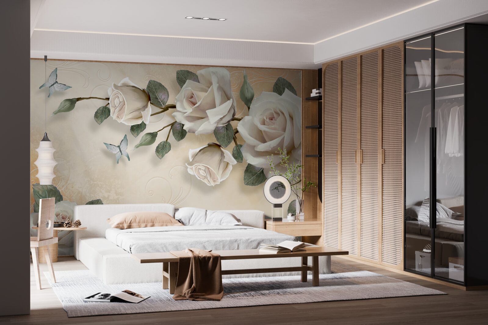 Fototapet fluturi și o ramură de trandafir alb dintr-un tufiș