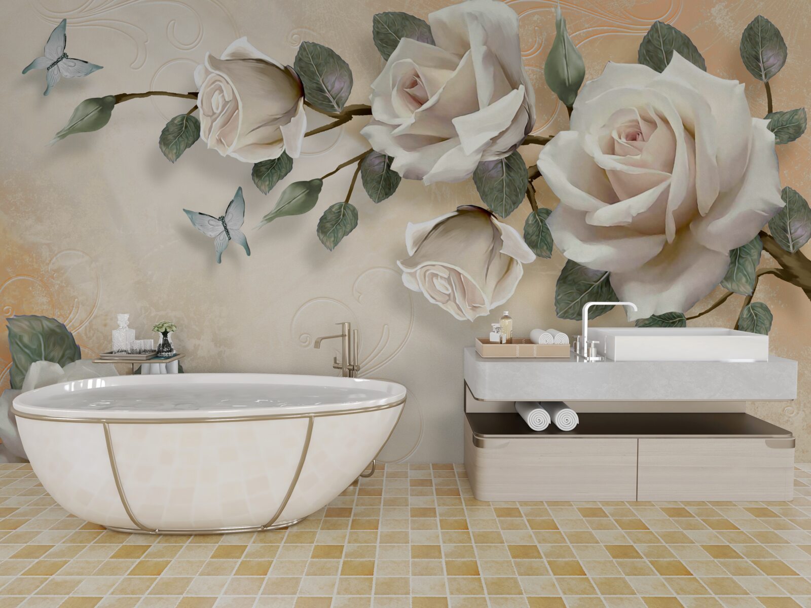 Fototapet fluturi și o ramură de trandafir alb dintr-un tufiș