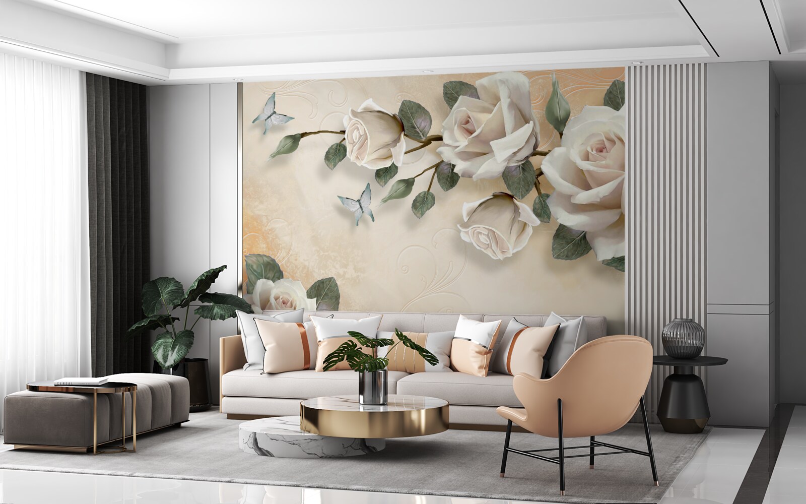 Fototapet fluturi și o ramură de trandafir alb dintr-un tufiș