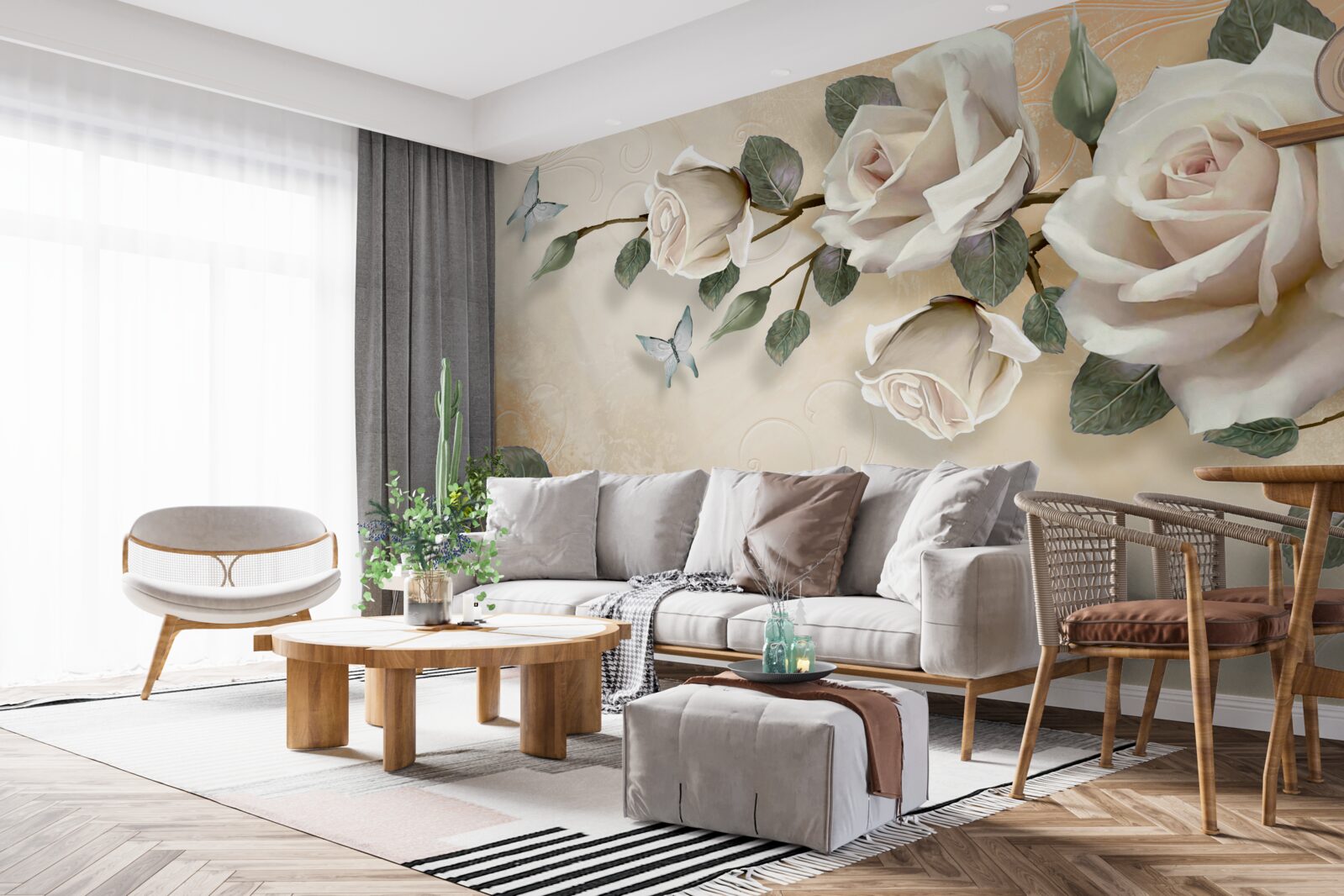 Fototapet fluturi și o ramură de trandafir alb dintr-un tufiș