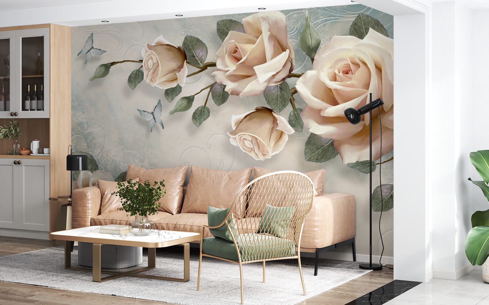 Fototapet trandafir piersică și fluturi albi zboară