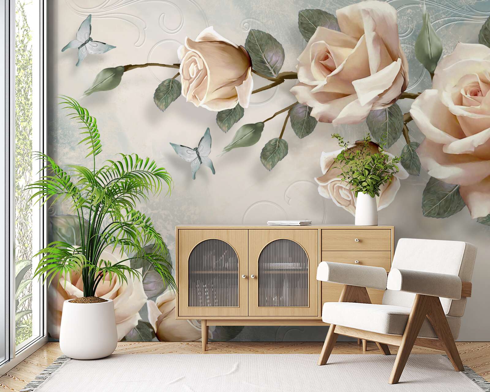 Fototapet trandafir piersică și fluturi albi zboară