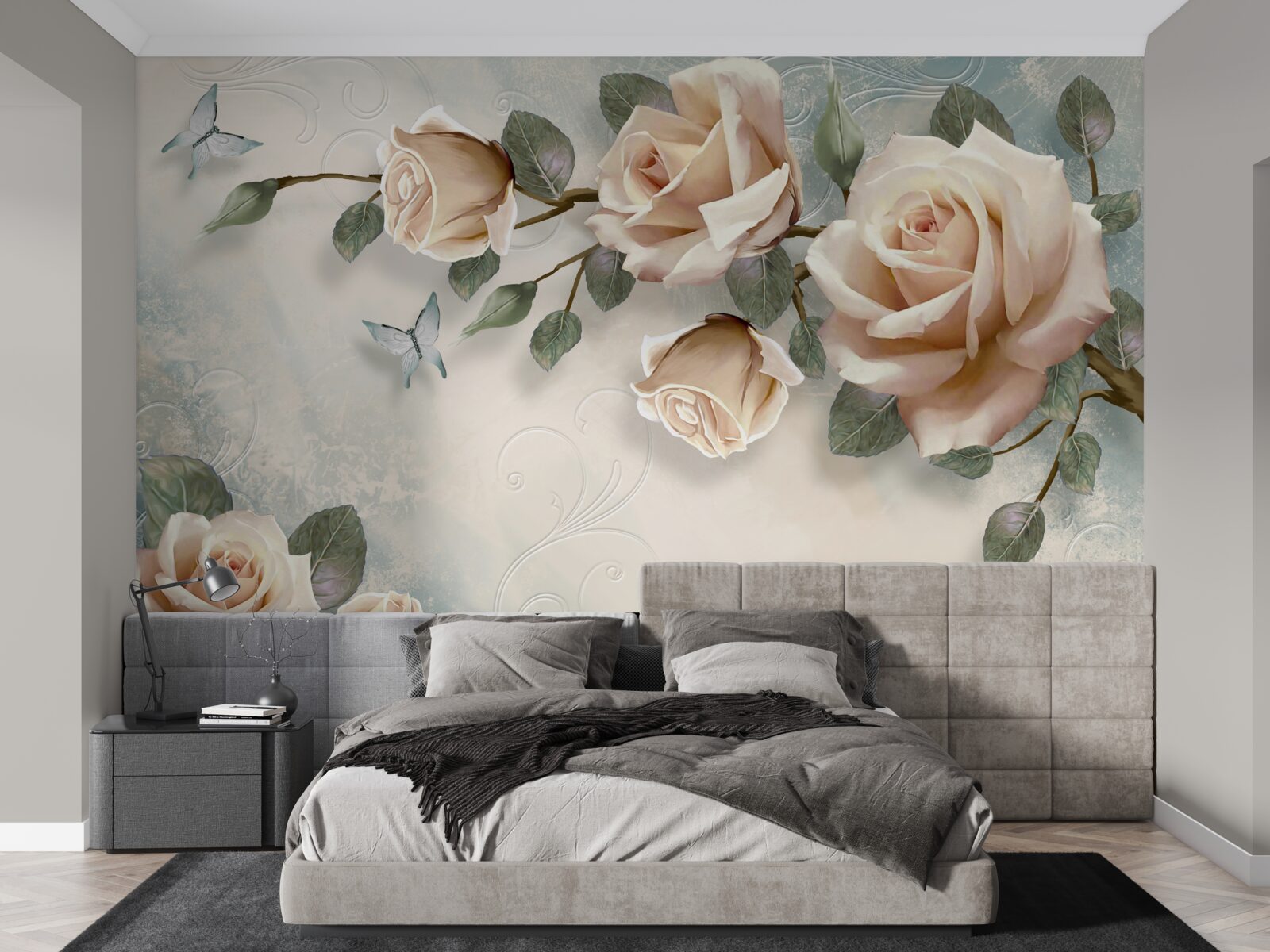 Fototapet trandafir piersică și fluturi albi zboară