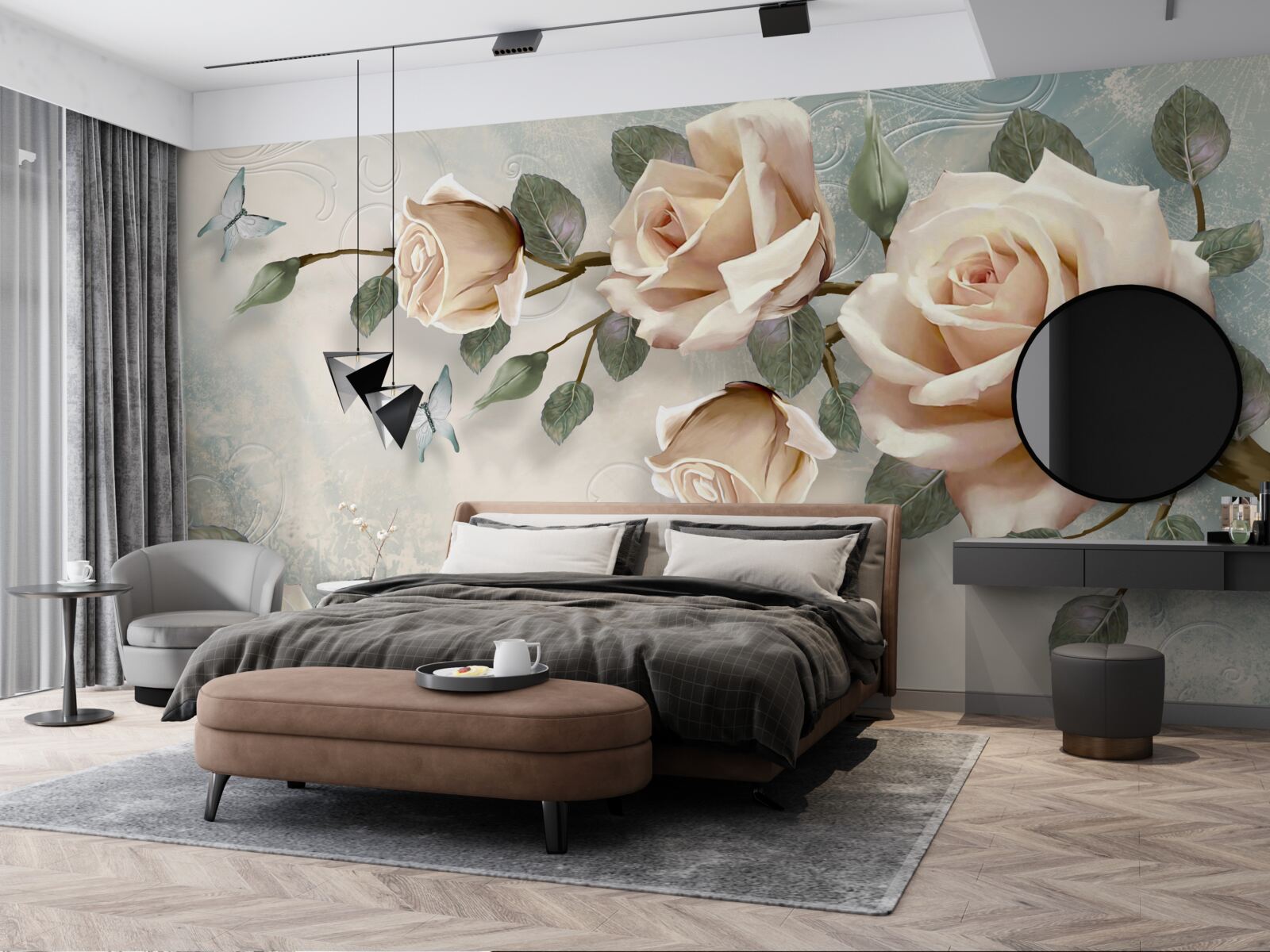 Fototapet trandafir piersică și fluturi albi zboară