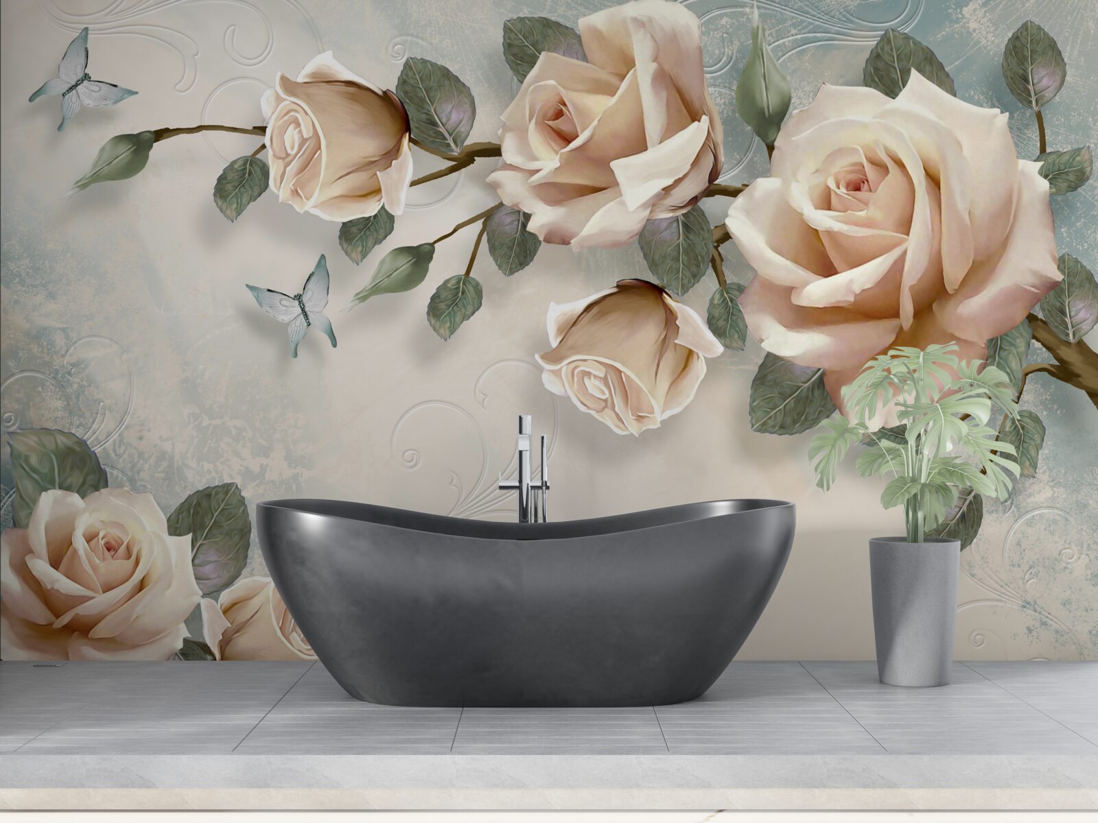 Fototapet trandafir piersică și fluturi albi zboară