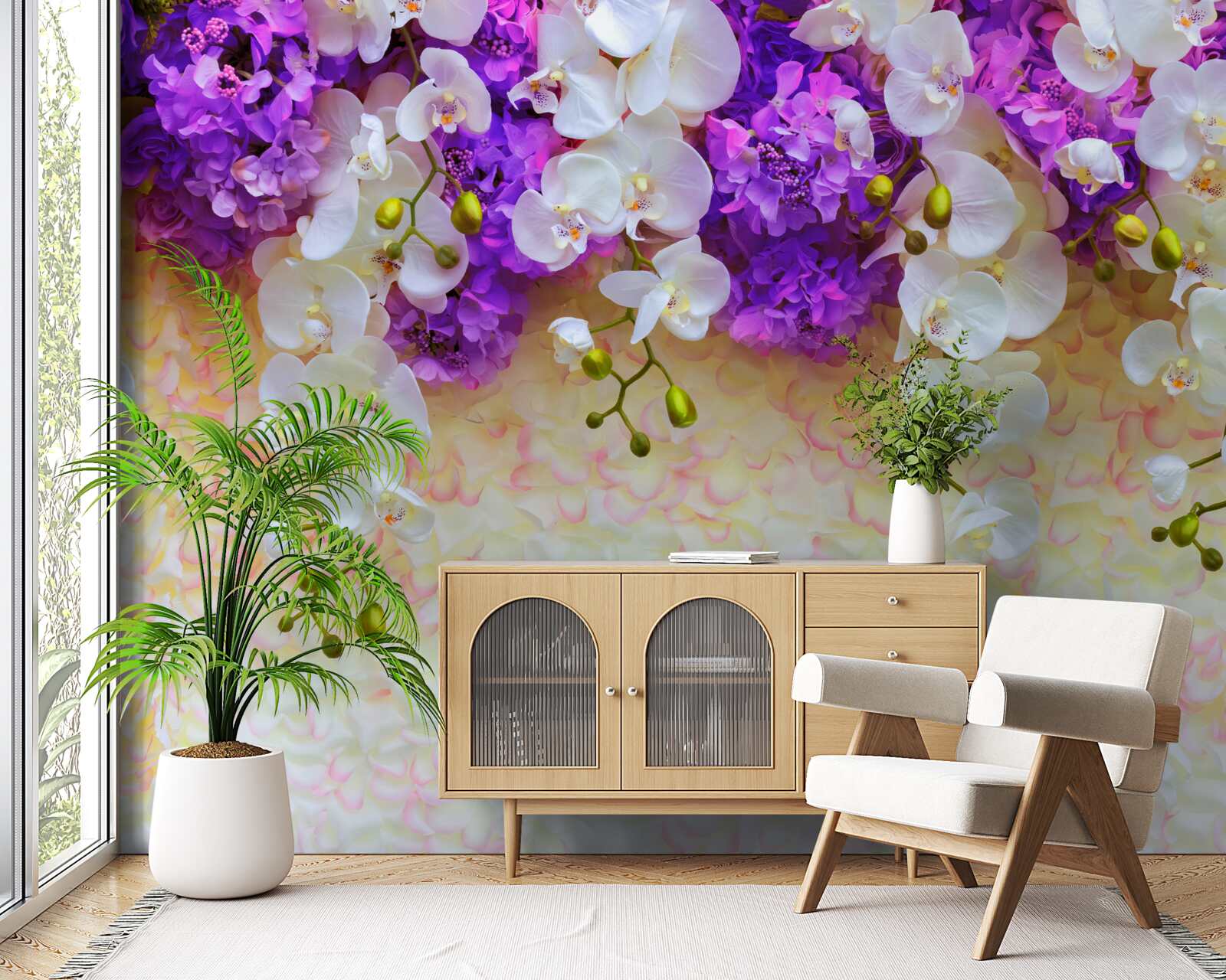 Fototapet Orhidee albe ca zăpada și flori de liliac