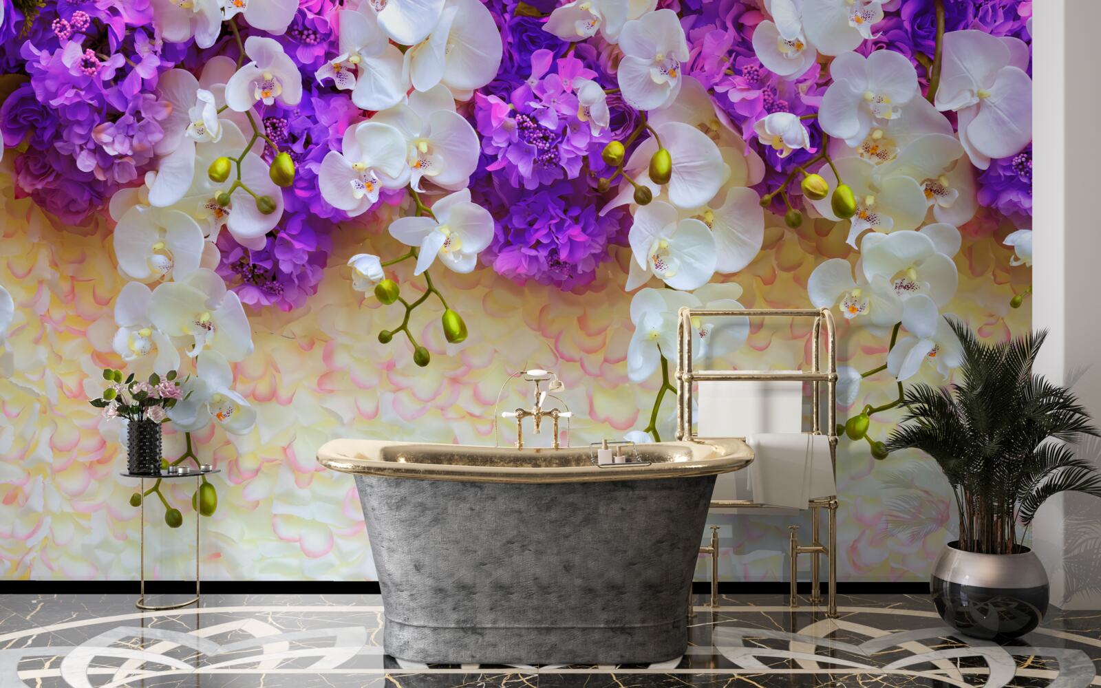 Fototapet Orhidee albe ca zăpada și flori de liliac