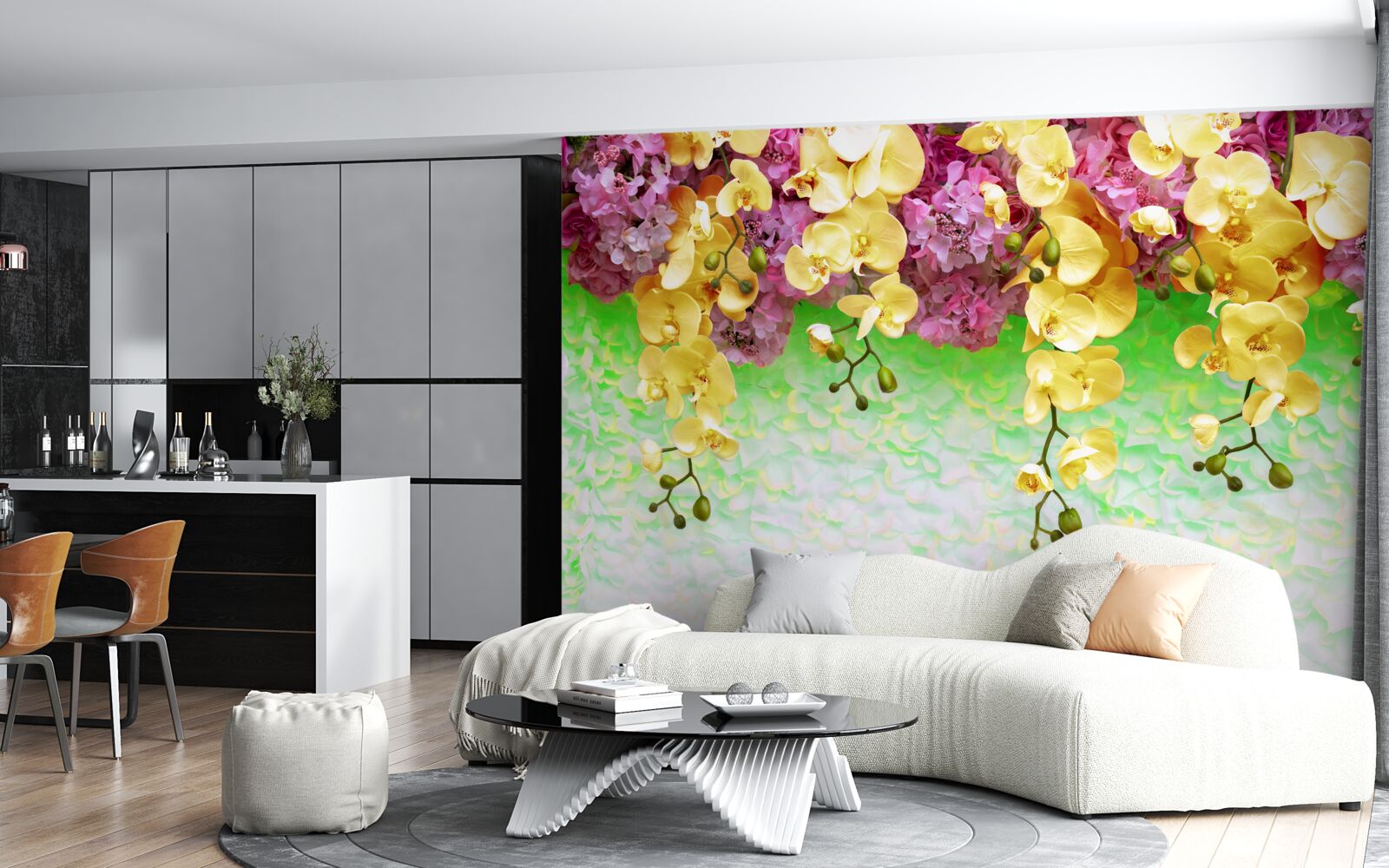 Fototapet muguri inflamabili galben-roșu pe o bază palidă