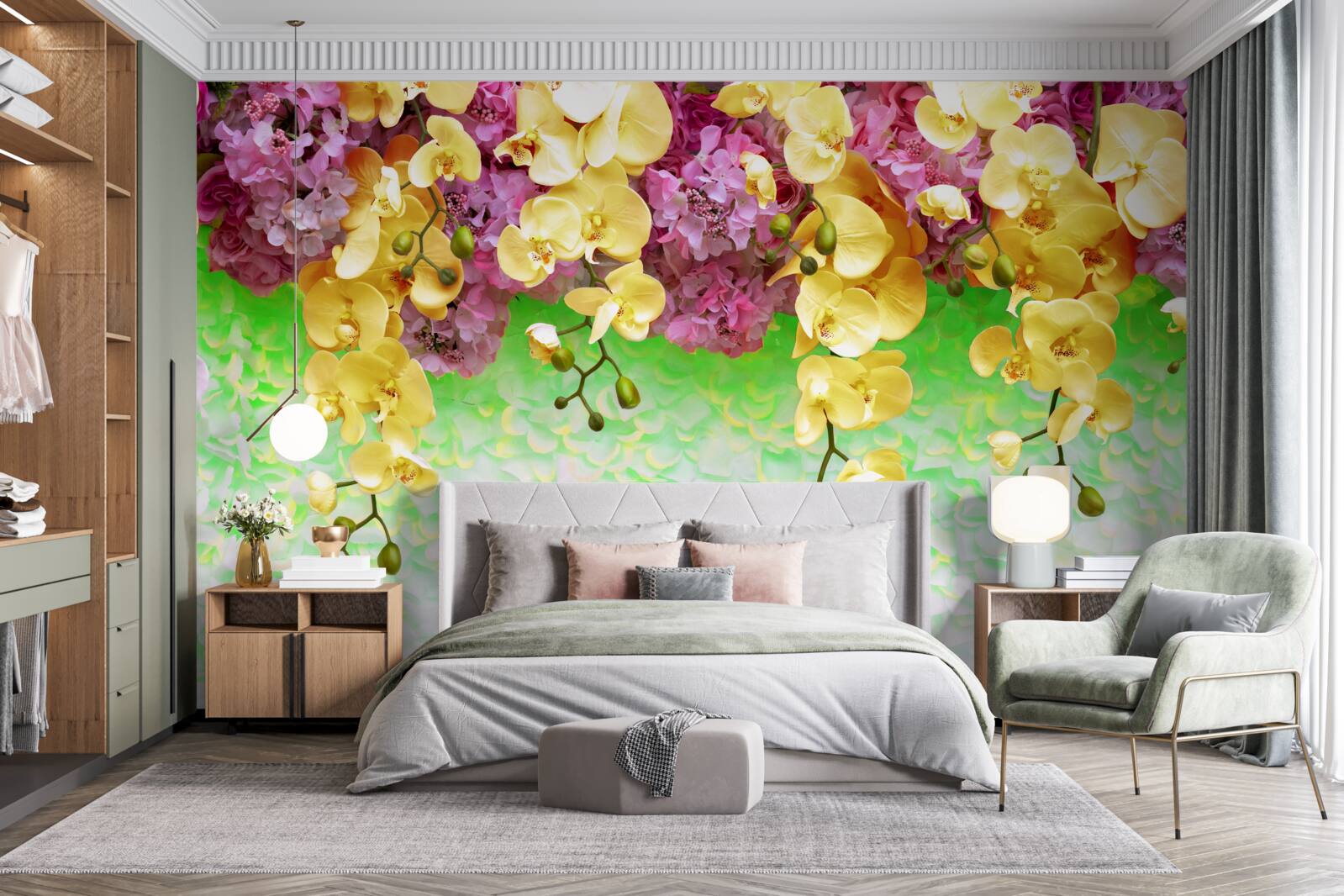 Fototapet muguri inflamabili galben-roșu pe o bază palidă