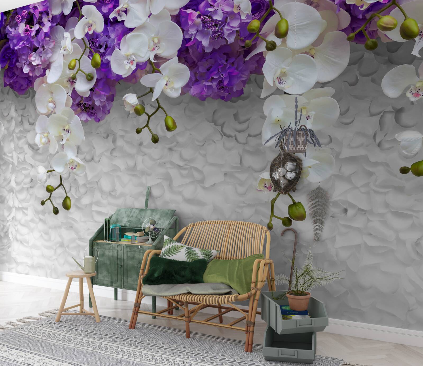 Fototapet barieră de plante mov și orhidee albe