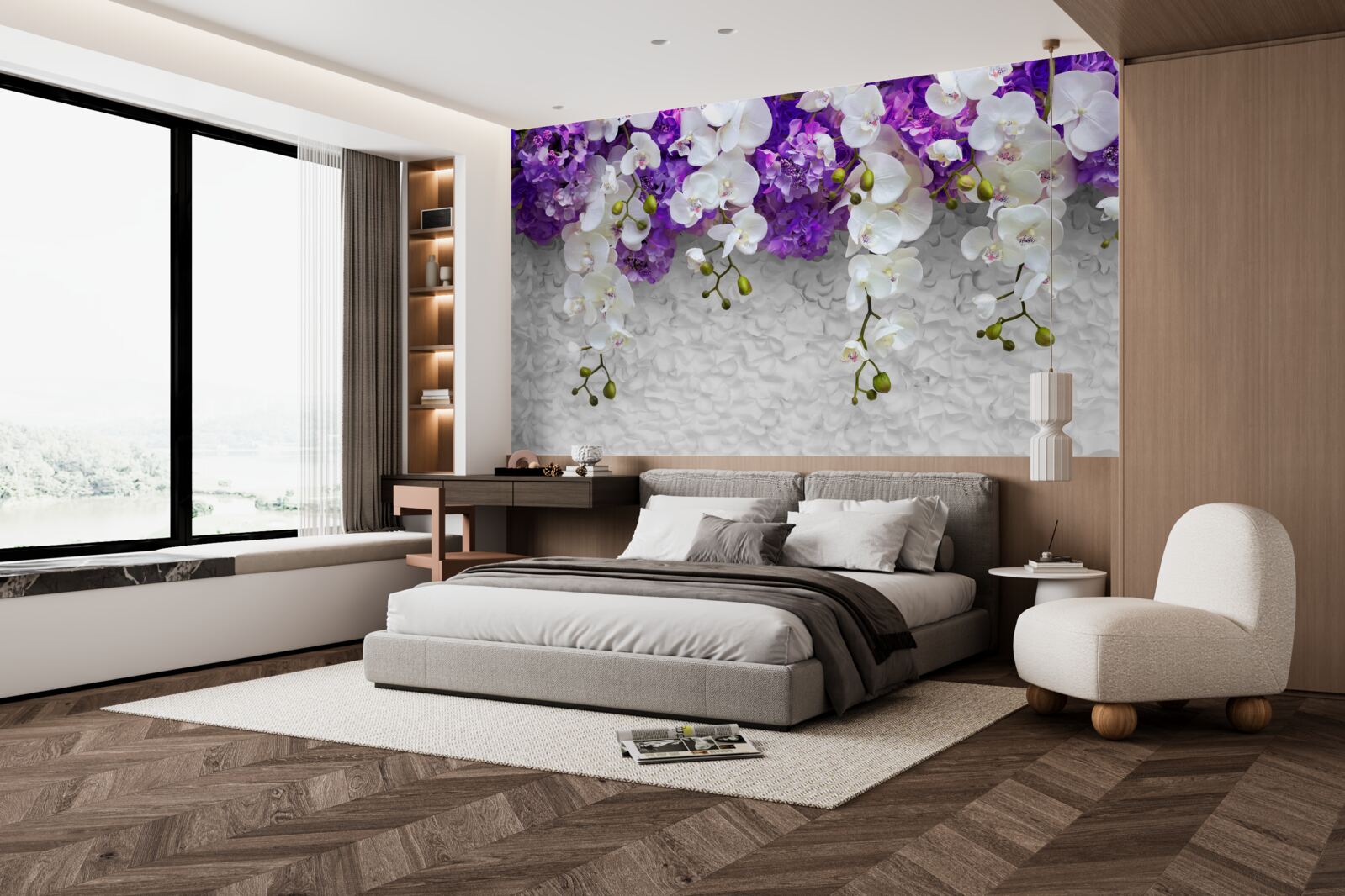 Fototapet barieră de plante mov și orhidee albe