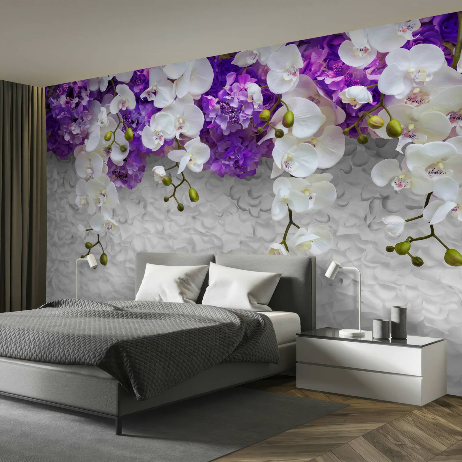 Fototapet barieră de plante mov și orhidee albe