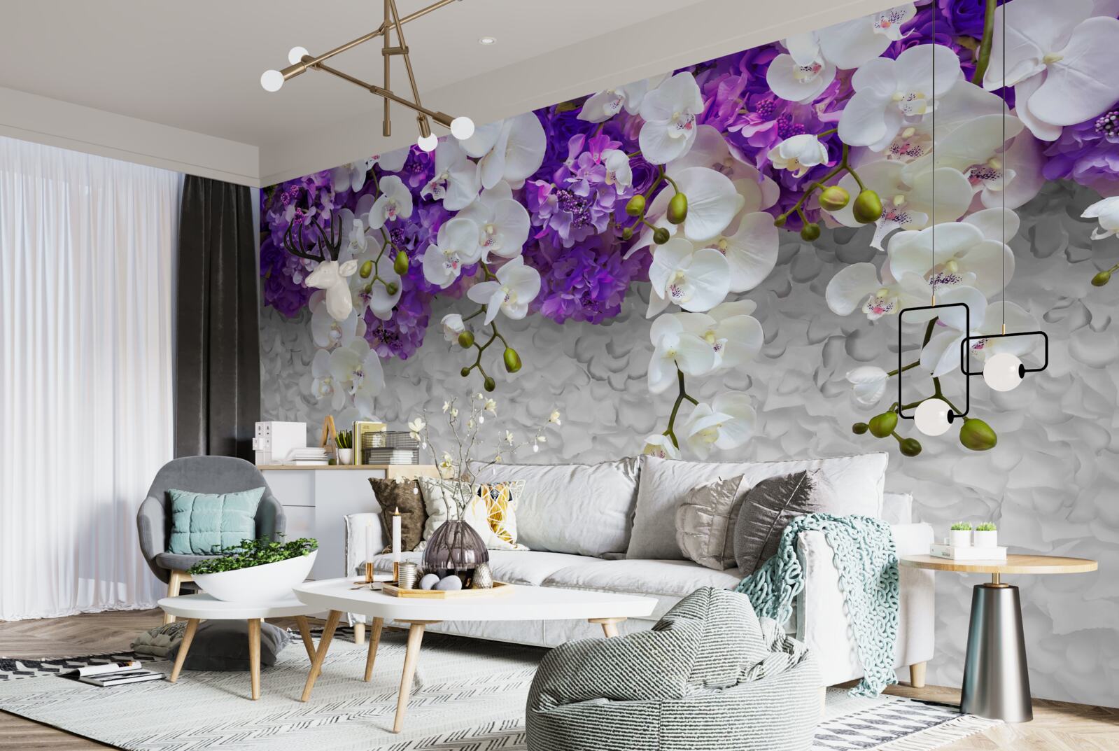 Fototapet barieră de plante mov și orhidee albe