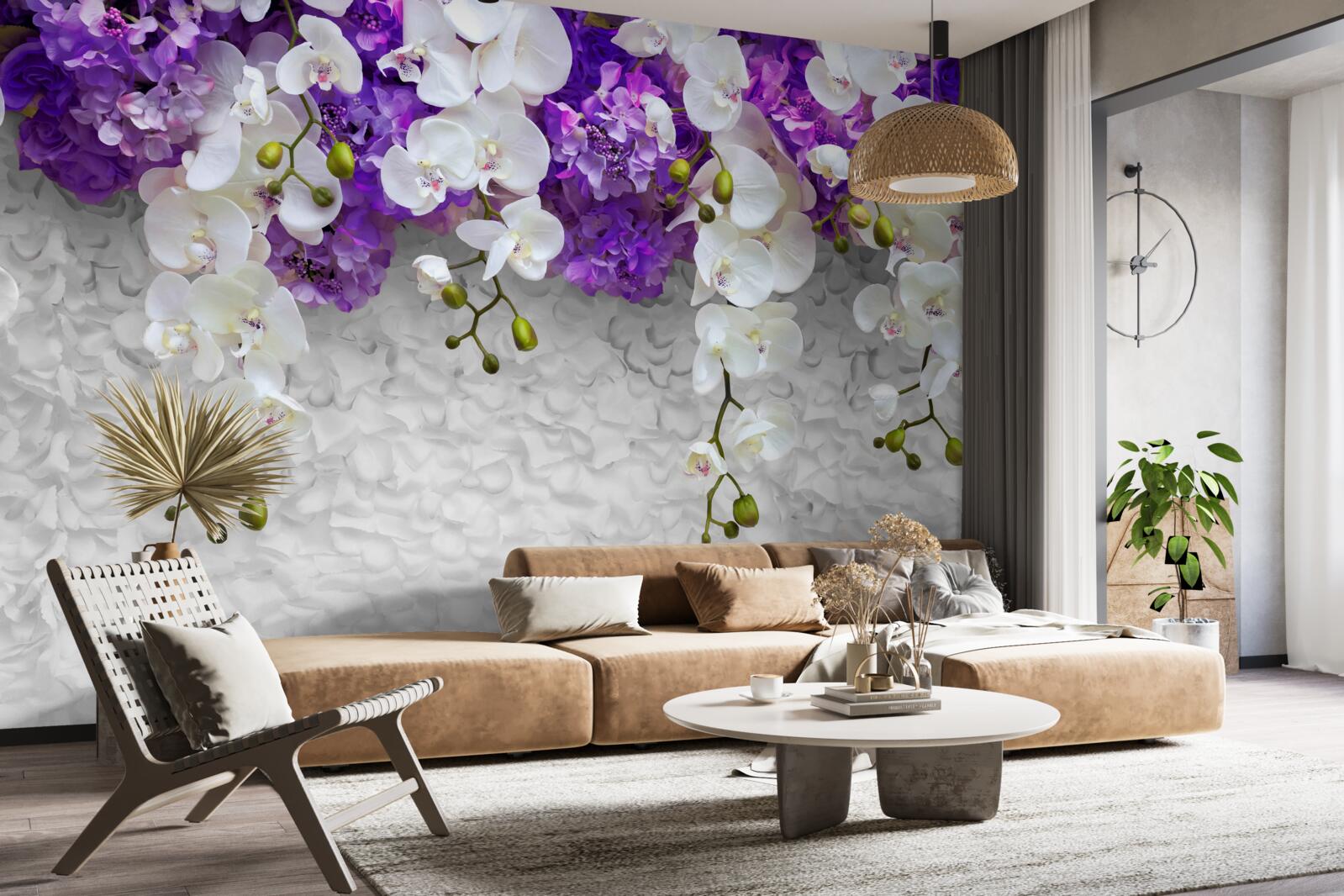 Fototapet barieră de plante mov și orhidee albe