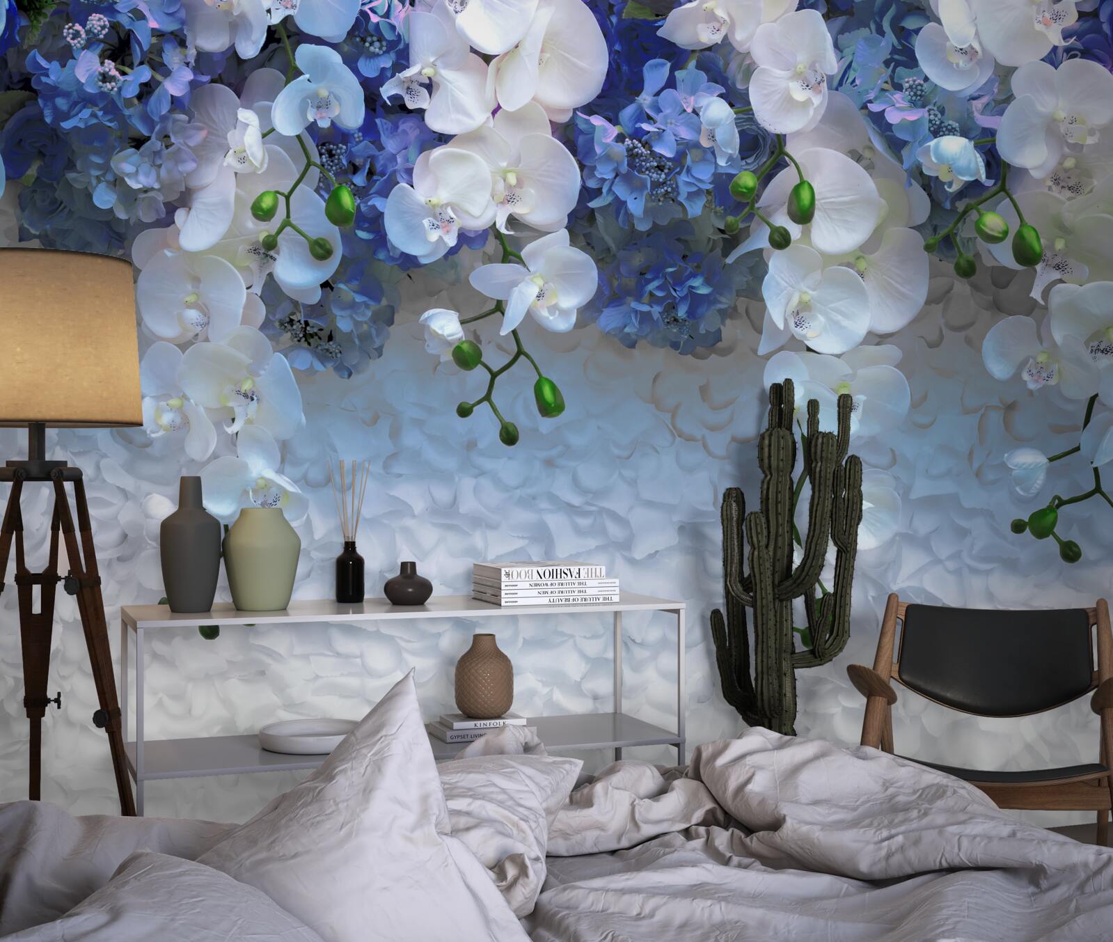 Fototapet cad flori albastre și albe