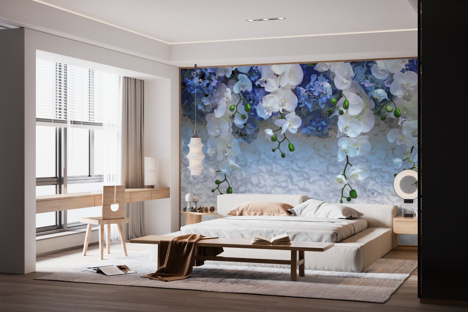 Fototapet cad flori albastre și albe