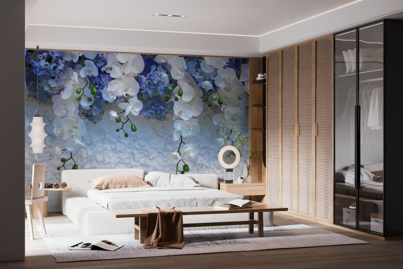 Fototapet cad flori albastre și albe