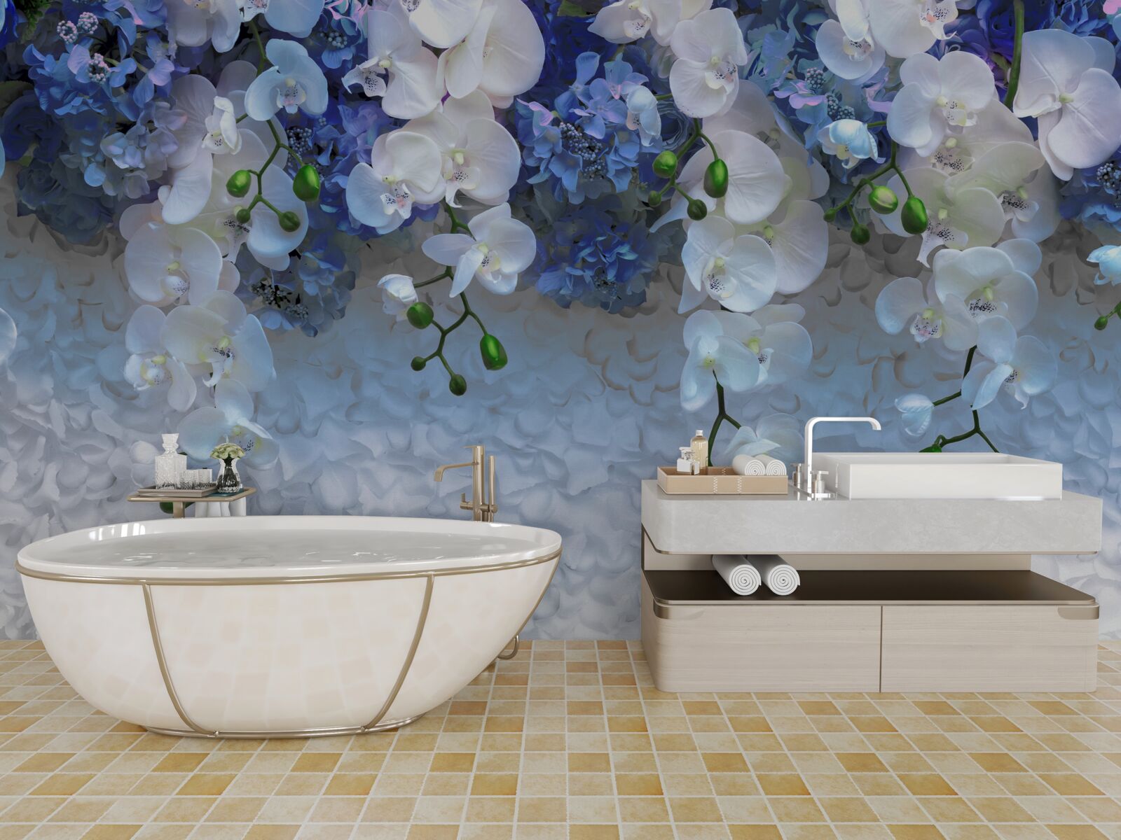 Fototapet cad flori albastre și albe