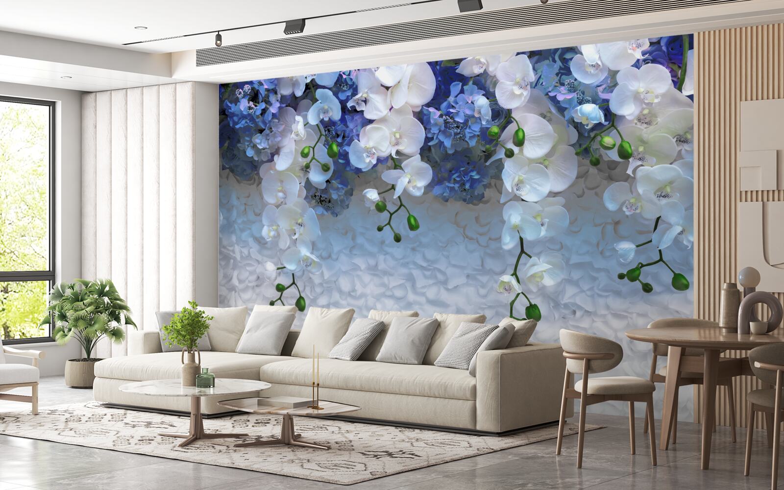 Fototapet cad flori albastre și albe