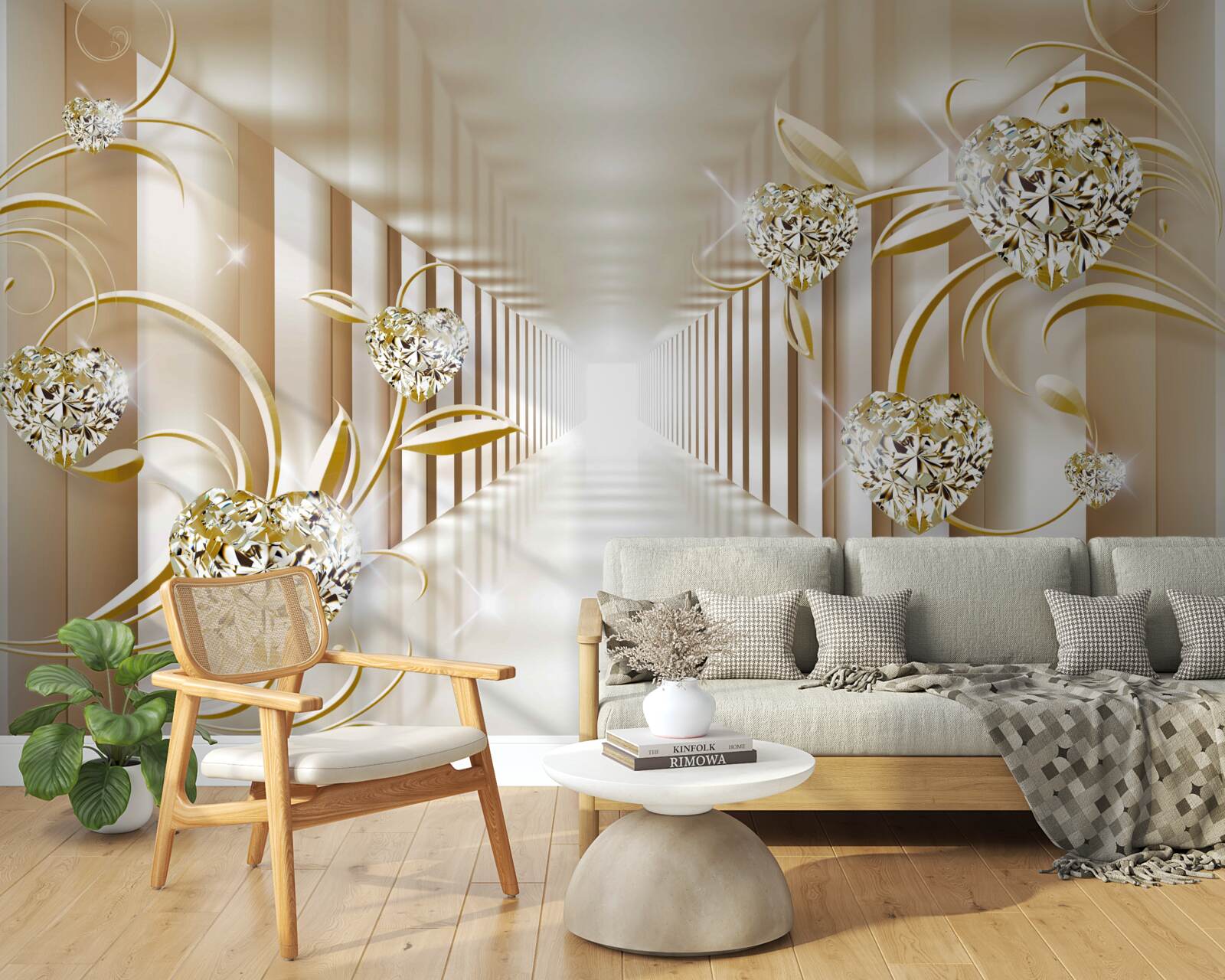 Fototapet coridor cu decorațiuni aurii și coloane abstracte