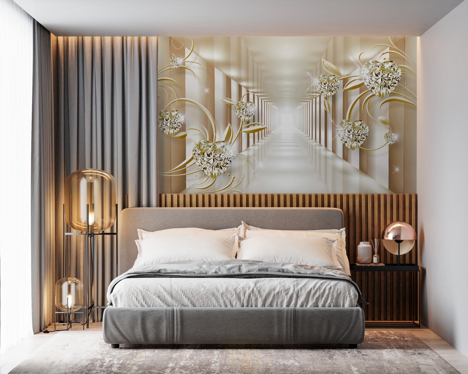 Fototapet coridor cu decorațiuni aurii și coloane abstracte