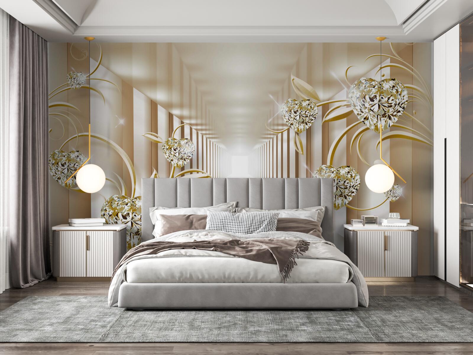 Fototapet coridor cu decorațiuni aurii și coloane abstracte