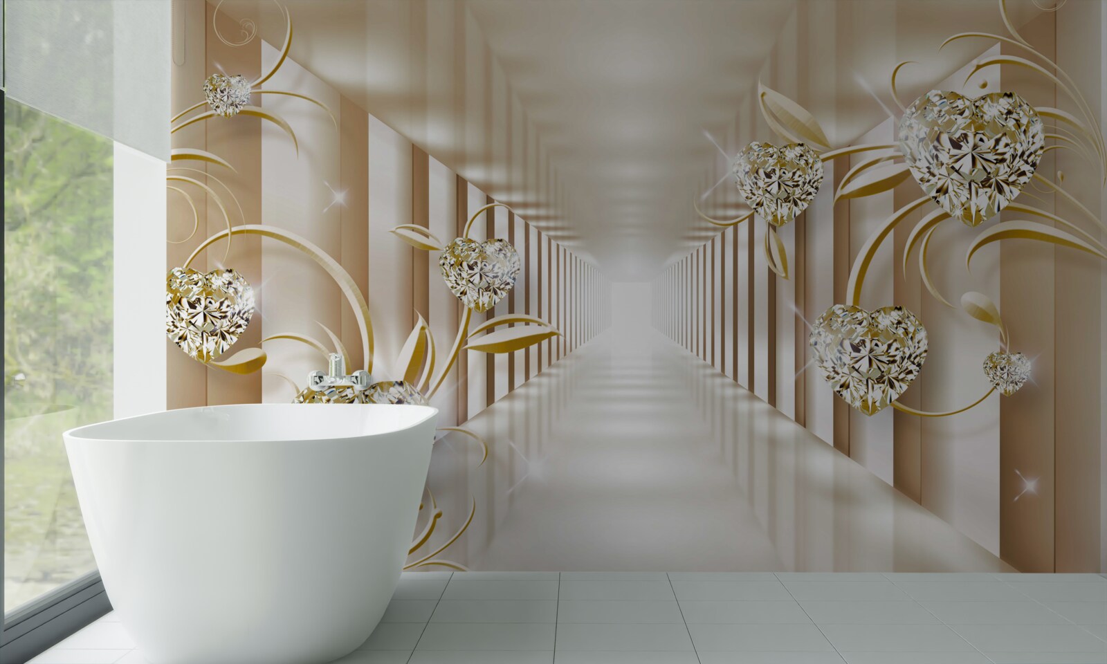 Fototapet coridor cu decorațiuni aurii și coloane abstracte