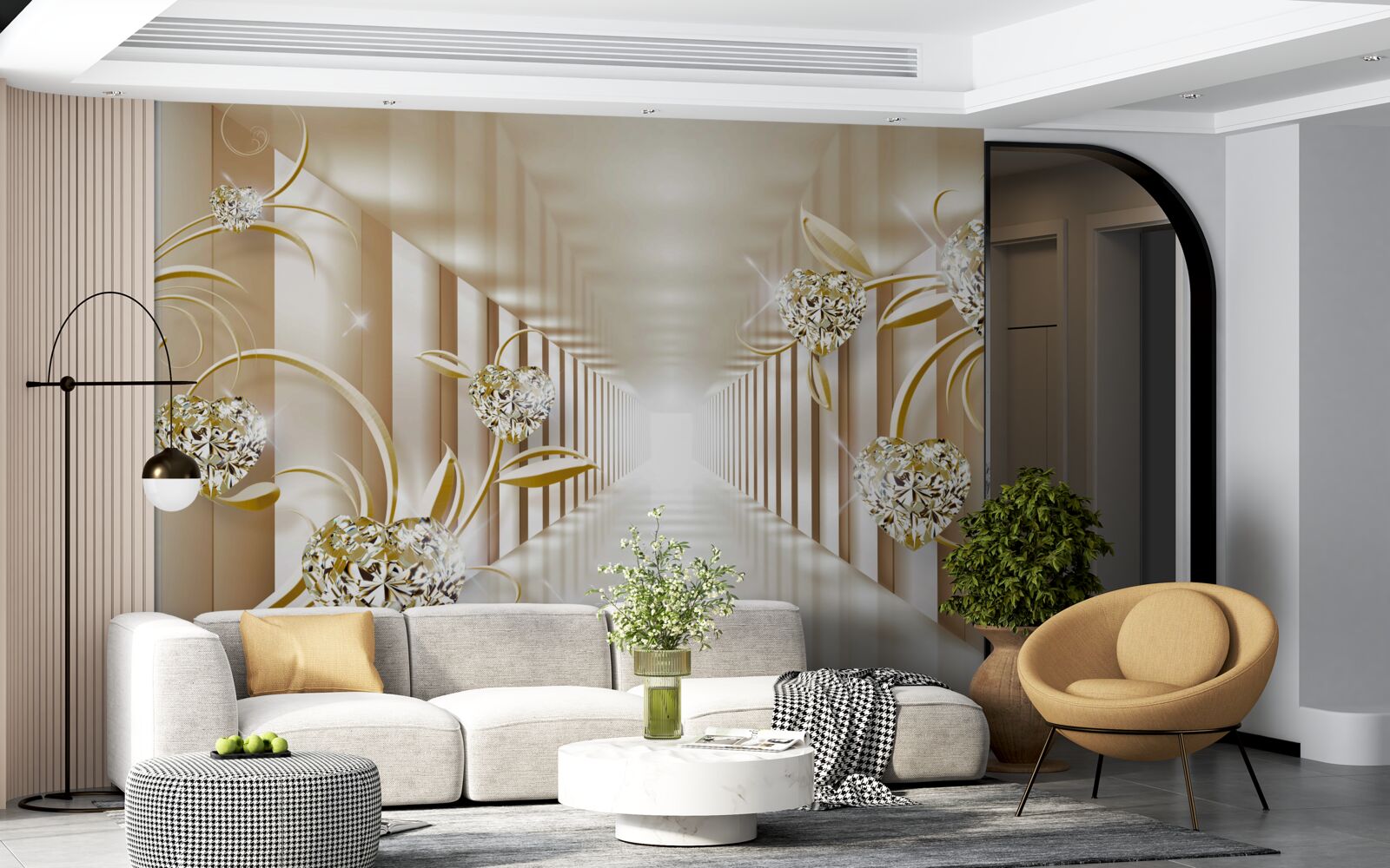 Fototapet coridor cu decorațiuni aurii și coloane abstracte