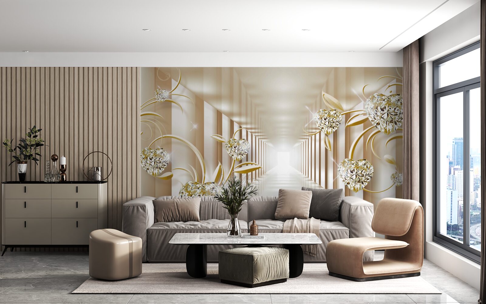 Fototapet coridor cu decorațiuni aurii și coloane abstracte