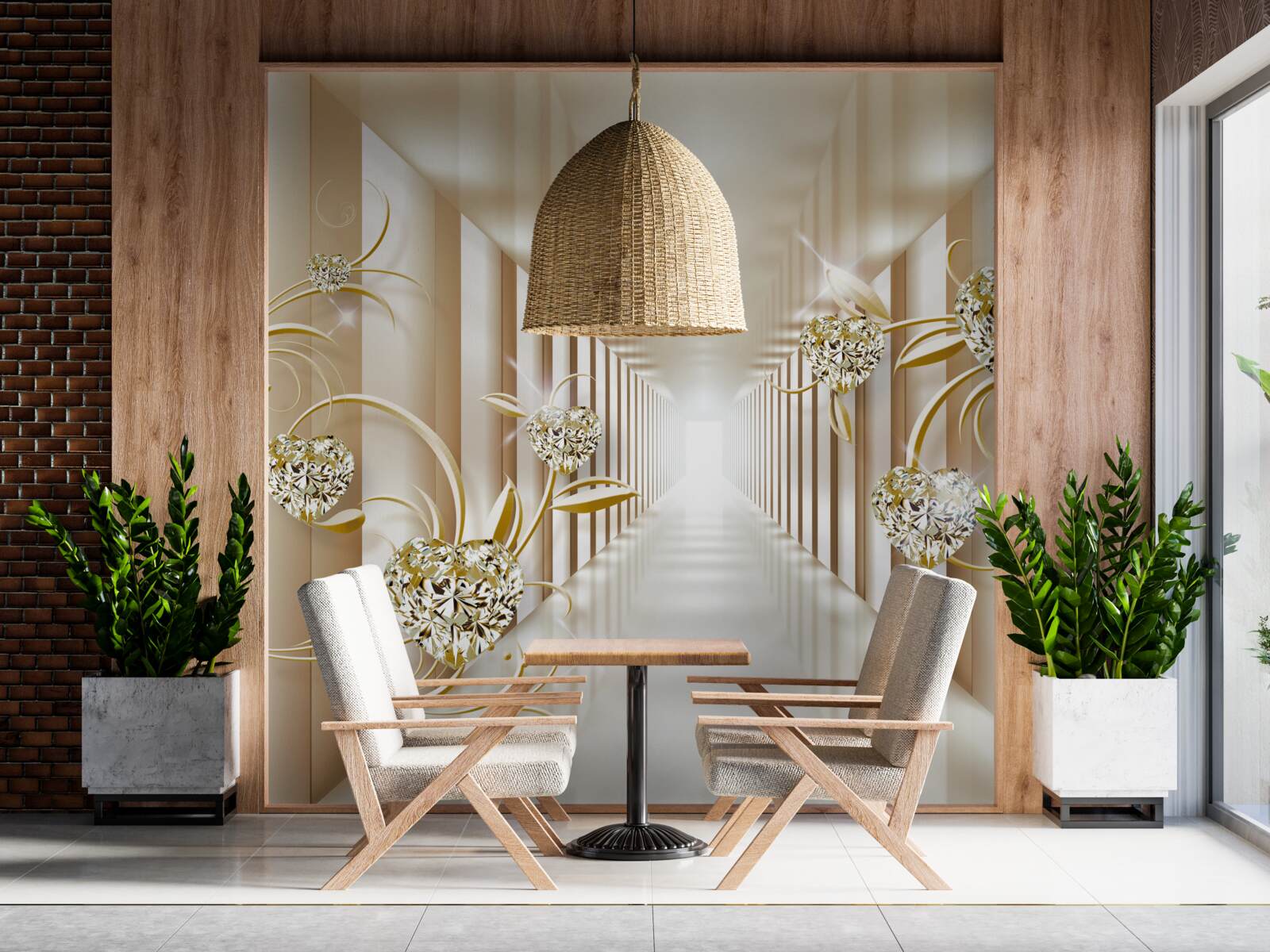 Fototapet coridor abstract decorat cu obiecte de aur