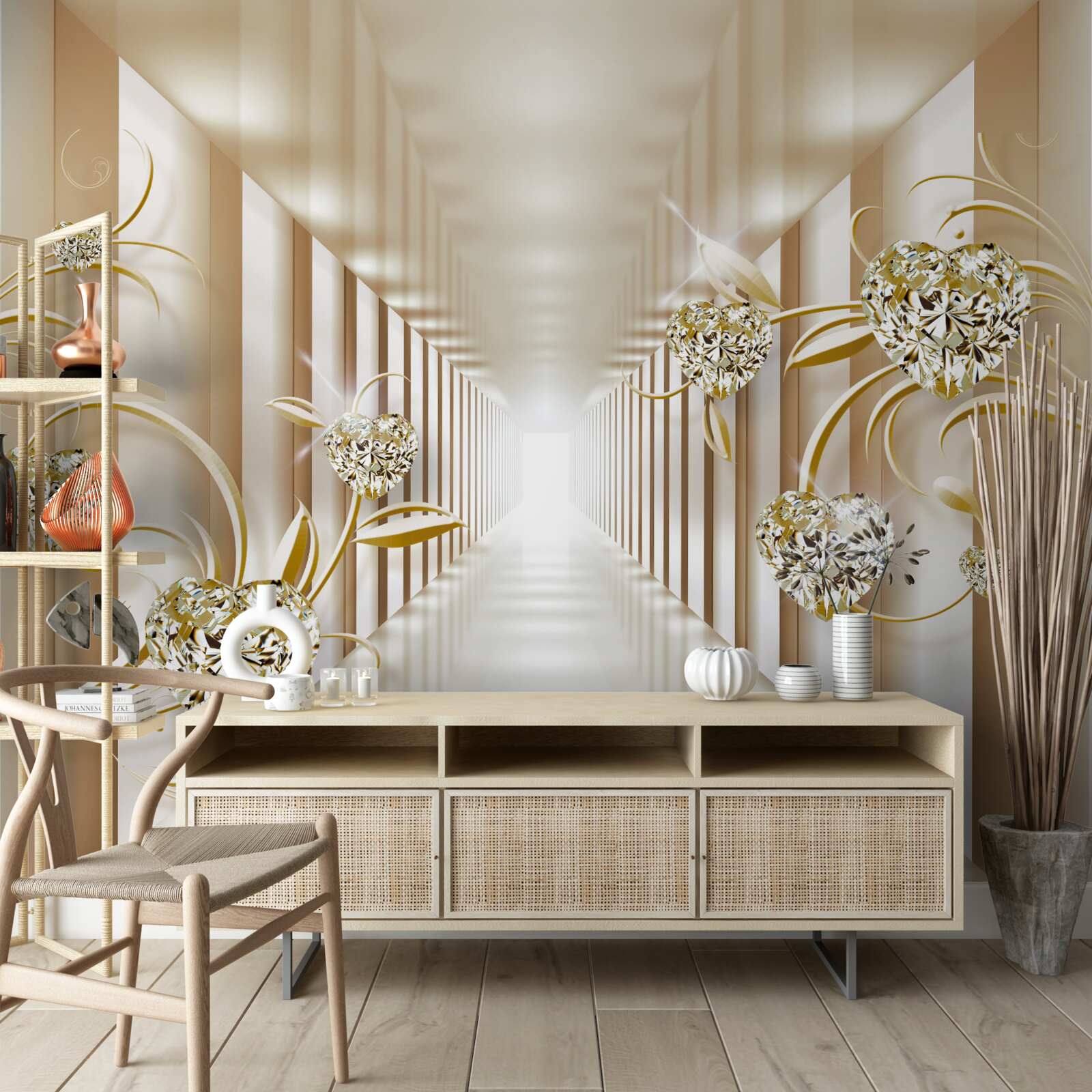 Fototapet coridor abstract decorat cu obiecte de aur