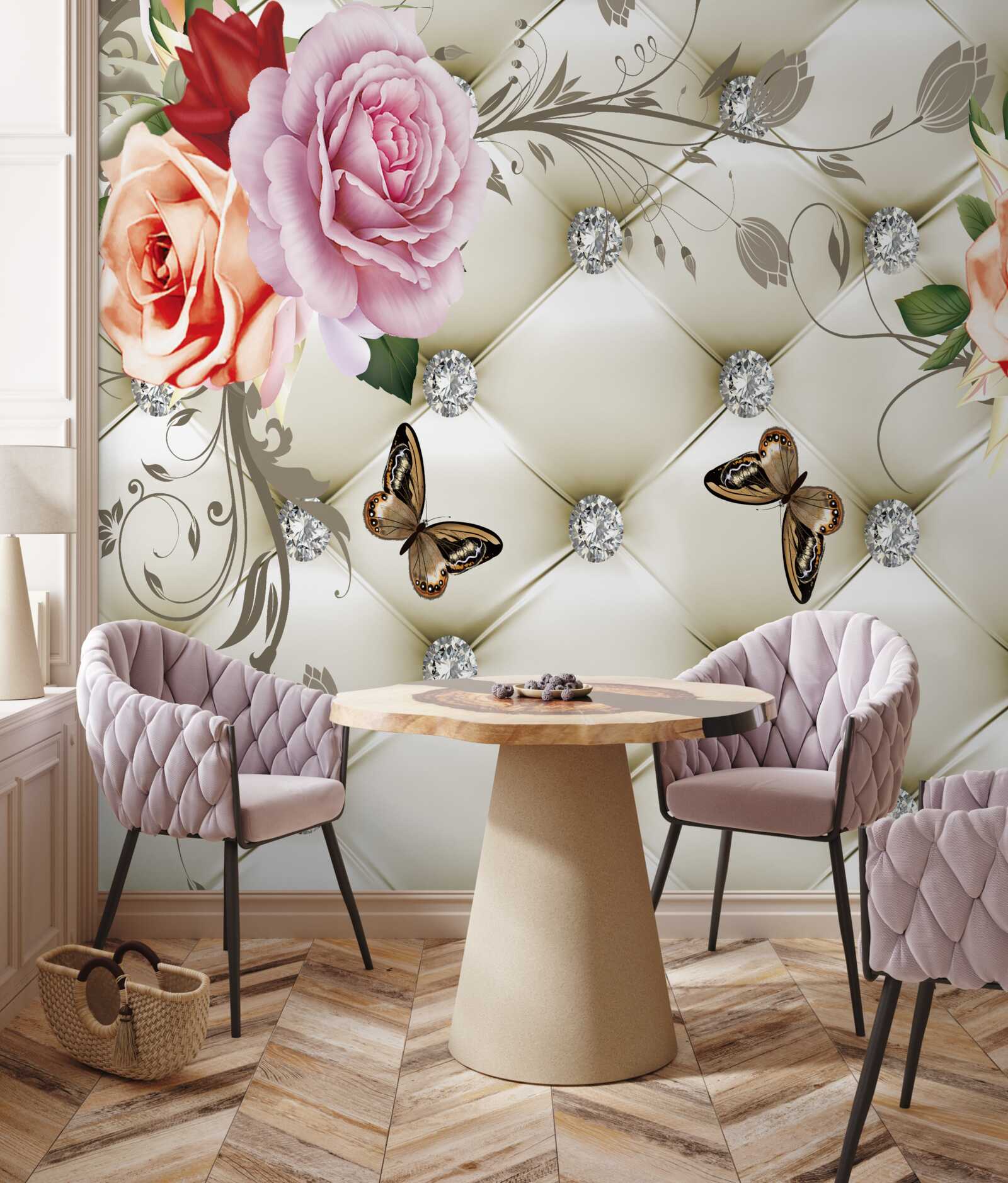 Fototapet decorațiuni textile sub formă de fluturi și trandafiri